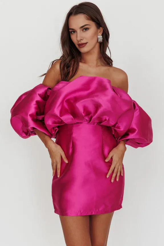 Chic Off shoulder Puffed Neckline Magenta Mini Homecoming Dress Party Dress