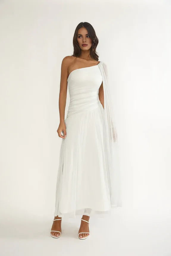 Chic One-Shoulder Drape Blue Maxi Evening Dress Party Dress For Women