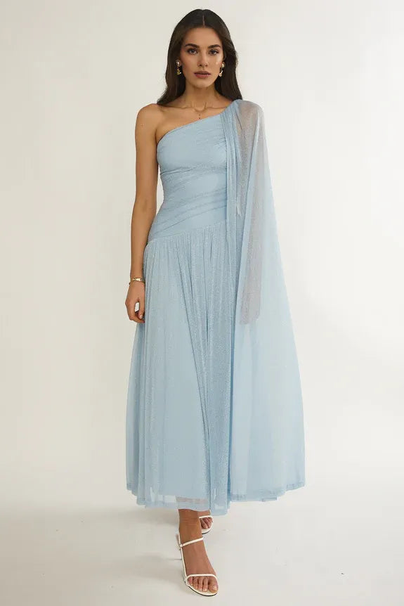 Chic One-Shoulder Drape Blue Maxi Evening Dress Party Dress For Women