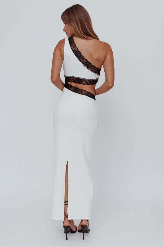 Chic One-Shoulder Lace Trim Cut-Out White Maxi Evening Dress With Slit