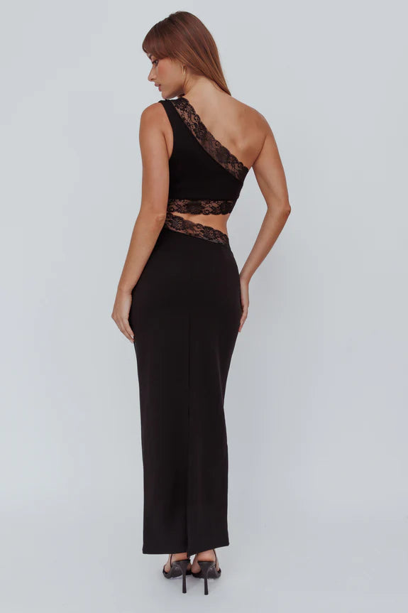 Chic One-Shoulder Lace Trim Cut-Out Black Maxi Evening Dress With Slit