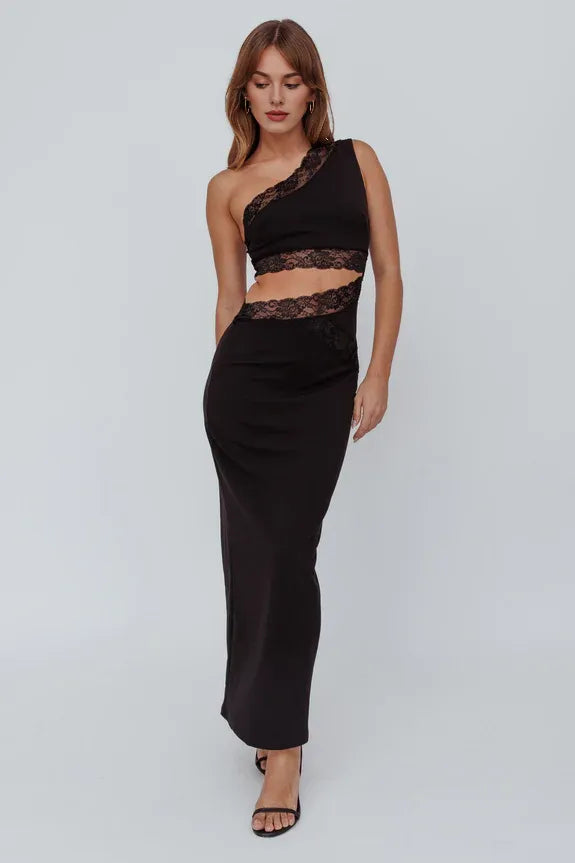 Chic One-Shoulder Lace Trim Cut-Out Black Maxi Evening Dress With Slit
