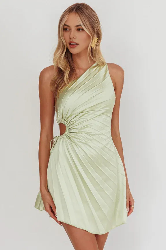 Chic One-Shoulder Pleat Cutout Apple Mini Homecoming Dress For Sale