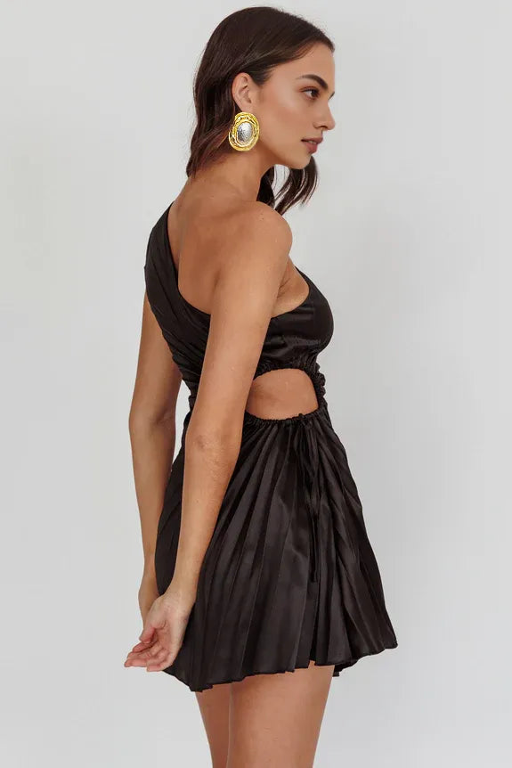 Chic One-Shoulder Pleat Cutout Black Mini Homecoming Dress For Sale