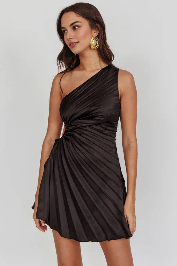 Chic One-Shoulder Pleat Cutout Black Mini Homecoming Dress For Sale