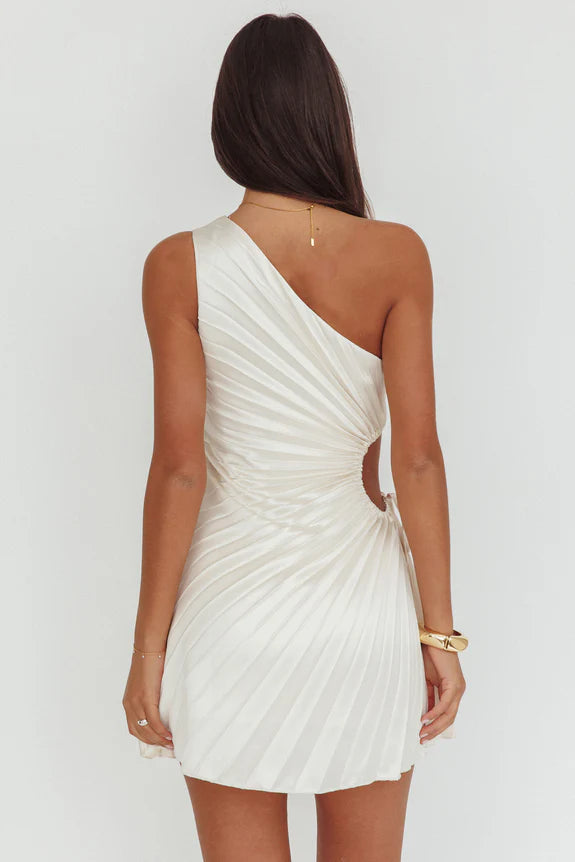 Chic One-Shoulder Pleat Cutout Champagne Mini Homecoming Dress For Sale