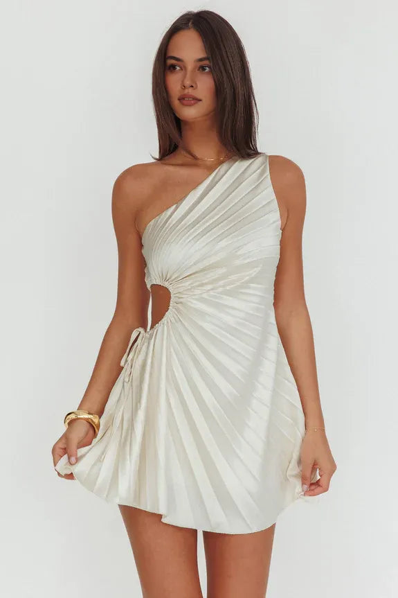 Chic One-Shoulder Pleat Cutout Champagne Mini Homecoming Dress For Sale
