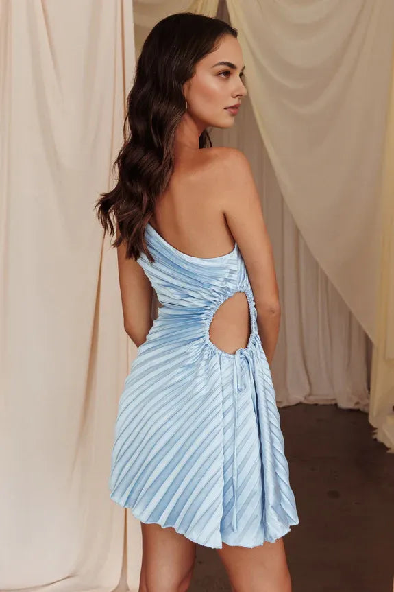 Chic One-Shoulder Pleat Cutout Sky Blue Mini Homecoming Dress For Sale