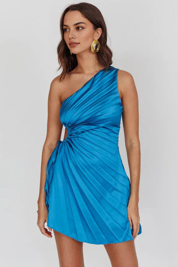 Chic One-Shoulder Pleat Cutout Teal Mini Homecoming Dress For Sale