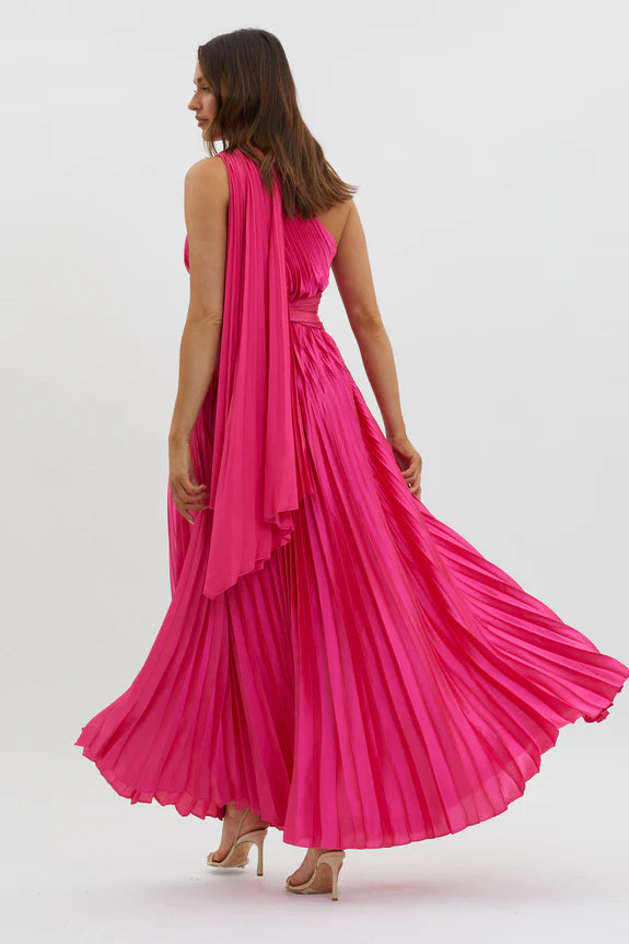 Chic One Shoulder Accordion Pleat Moss Maxi Evening Dress With Streamer