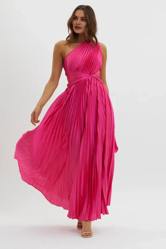 Chic One Shoulder Accordion Pleat Moss Maxi Evening Dress With Streamer