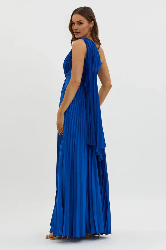 Chic One Shoulder Accordion Pleat Moss Maxi Evening Dress With Streamer