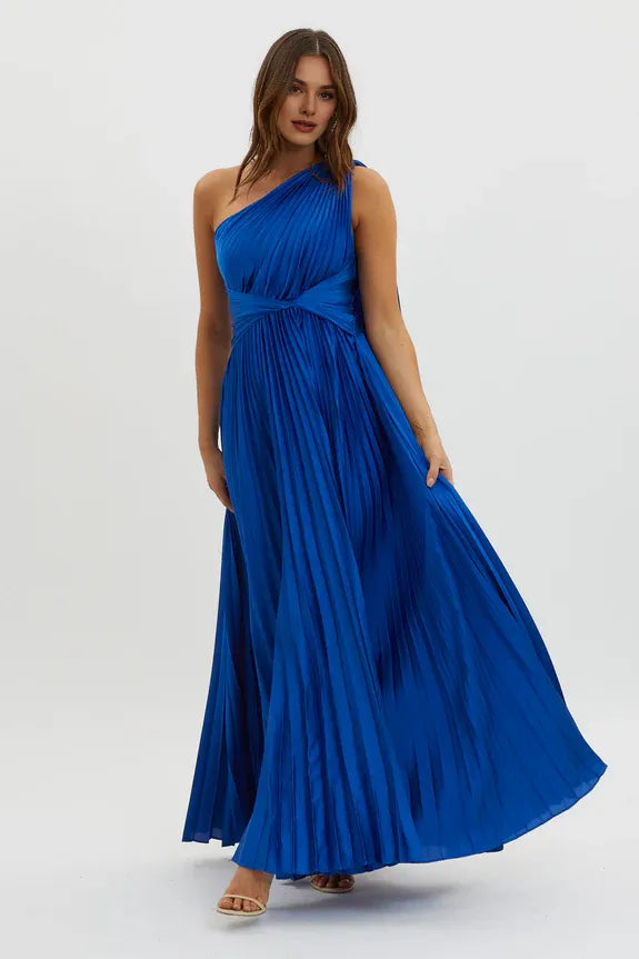 Chic One Shoulder Accordion Pleat Moss Maxi Evening Dress With Streamer