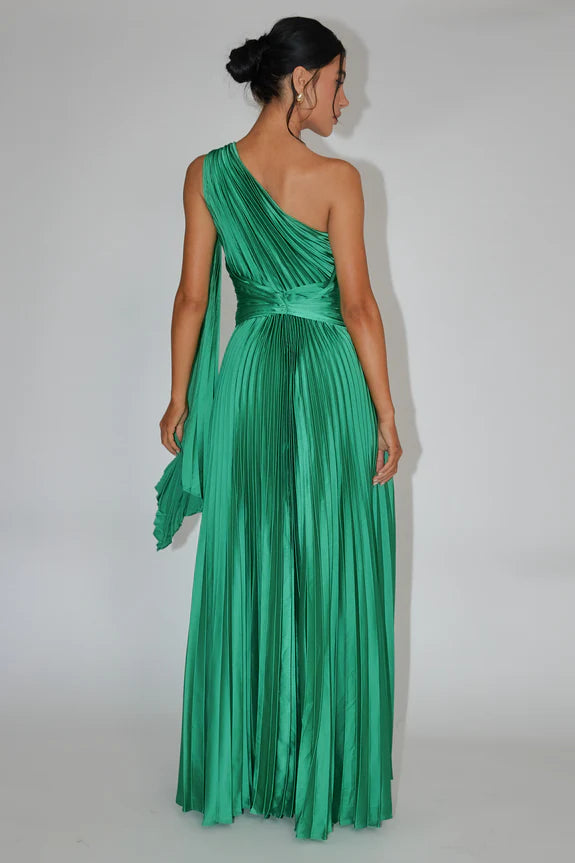Chic One Shoulder Accordion Pleat Moss Maxi Evening Dress With Streamer