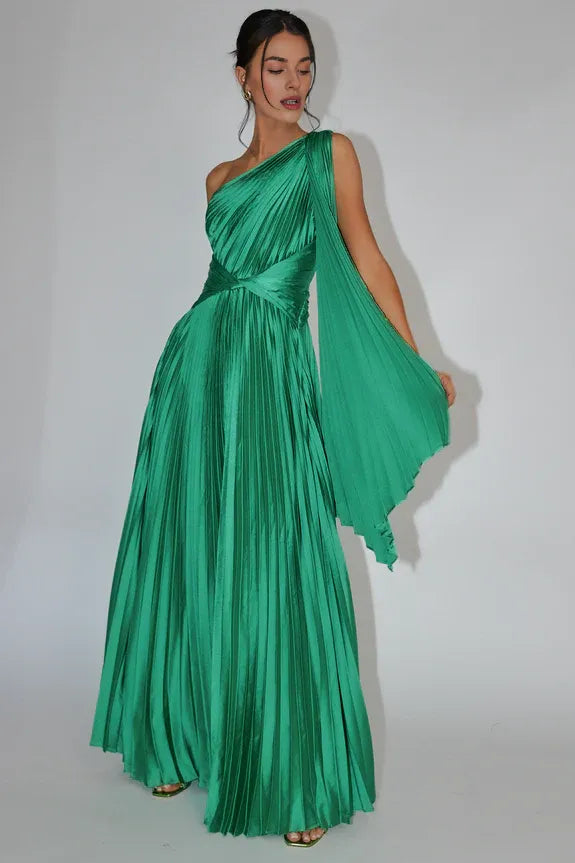 Chic One Shoulder Accordion Pleat Moss Maxi Evening Dress With Streamer