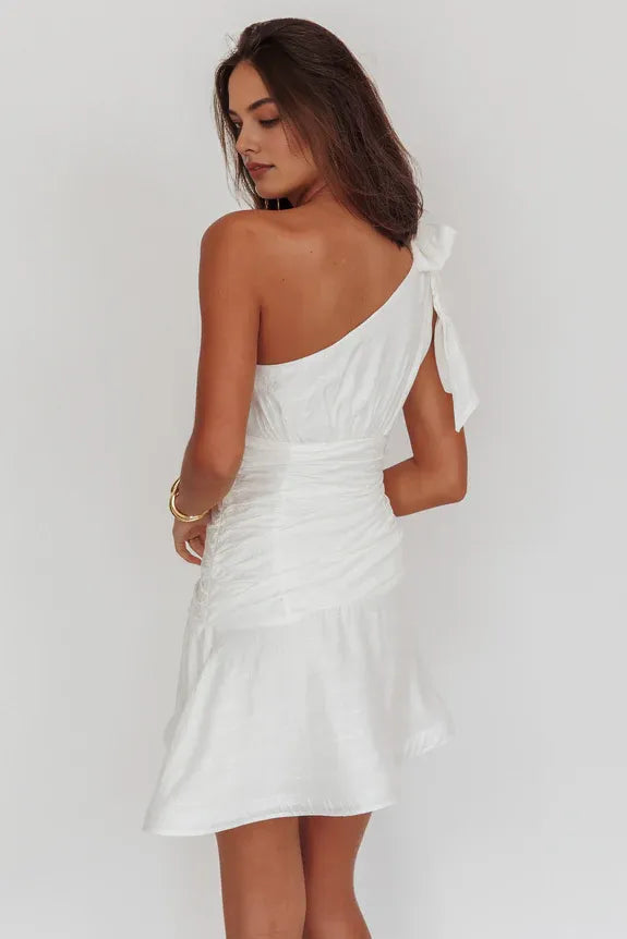 Chic One Shoulder Tie Pleated White MIni Homecoming Dress For Sale