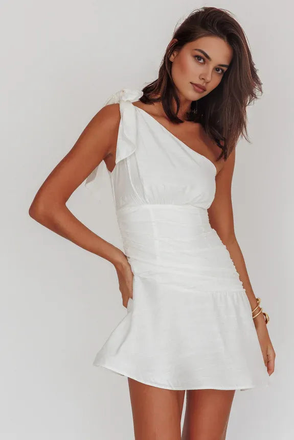 Chic One Shoulder Tie Pleated White MIni Homecoming Dress For Sale
