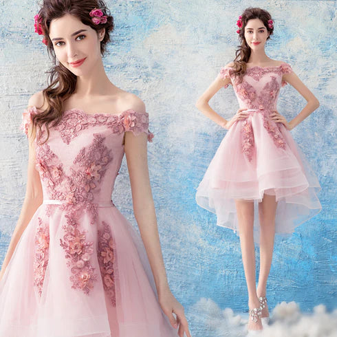 Chic Pink Lace Applique High Low Off Shoulder Party Dress Homecoming Dress Prom Dress