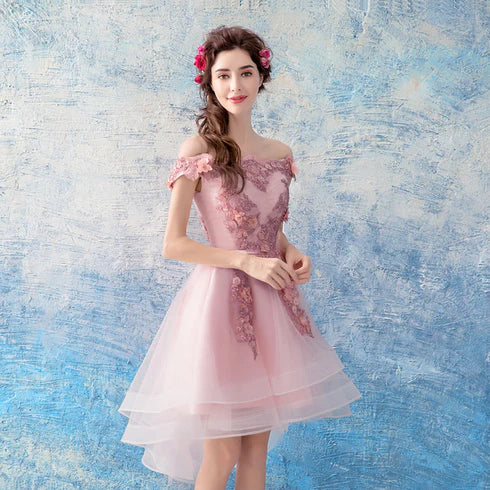 Chic Pink Lace Applique High Low Off Shoulder Party Dress Homecoming Dress Prom Dress