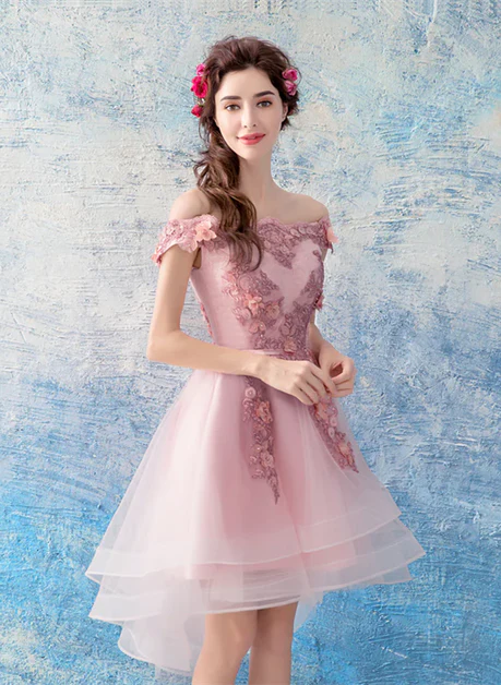 Chic Pink Lace Applique High Low Off Shoulder Party Dress Homecoming Dress Prom Dress