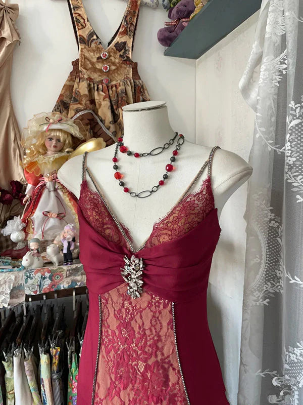 Chic Red Lace With Beaded Spaghetti Straps Mermaid Long Prom Dresses Party Dress