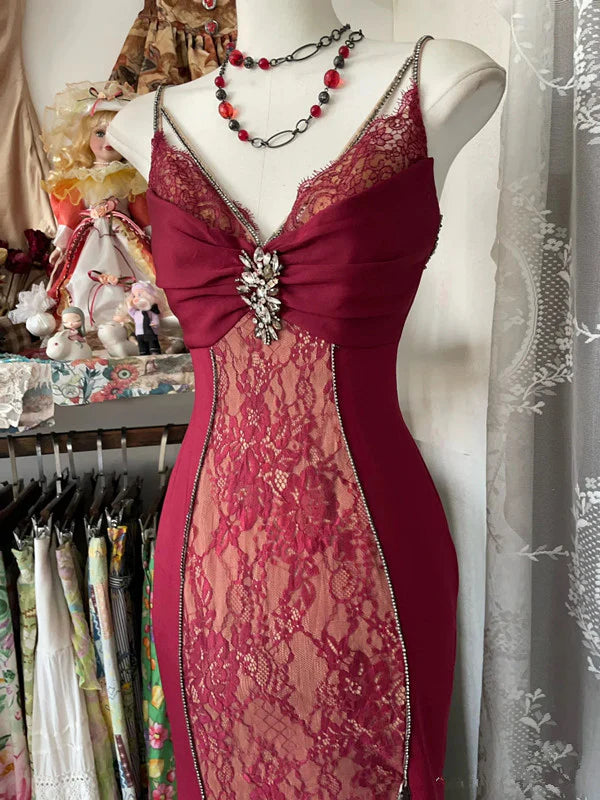 Chic Red Lace With Beaded Spaghetti Straps Mermaid Long Prom Dresses Party Dress