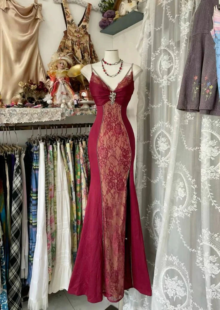 Chic Red Lace With Beaded Spaghetti Straps Mermaid Long Prom Dresses Party Dress