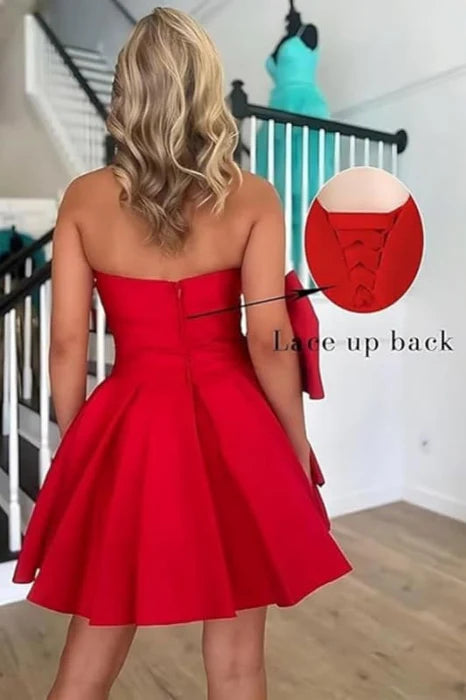Chic Red Sleeveless Ruched Short Homecoming Dresses Lace Up Party Wear Dress With Bow