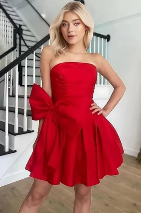 Chic Red Sleeveless Ruched Short Homecoming Dresses Lace Up Party Wear Dress With Bow