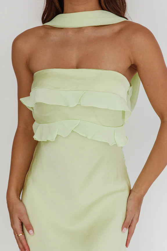 Chic Reverse Halter Frill Trim Open Back Sage Maxi Homecoming Dress Prom Dress