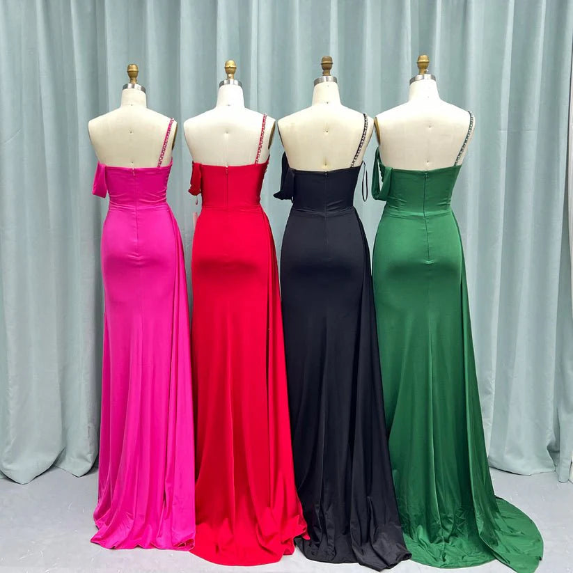 Chic Sheath Asymmetrical Neck Beaded Satin Fuchsia Long Evening Dress
