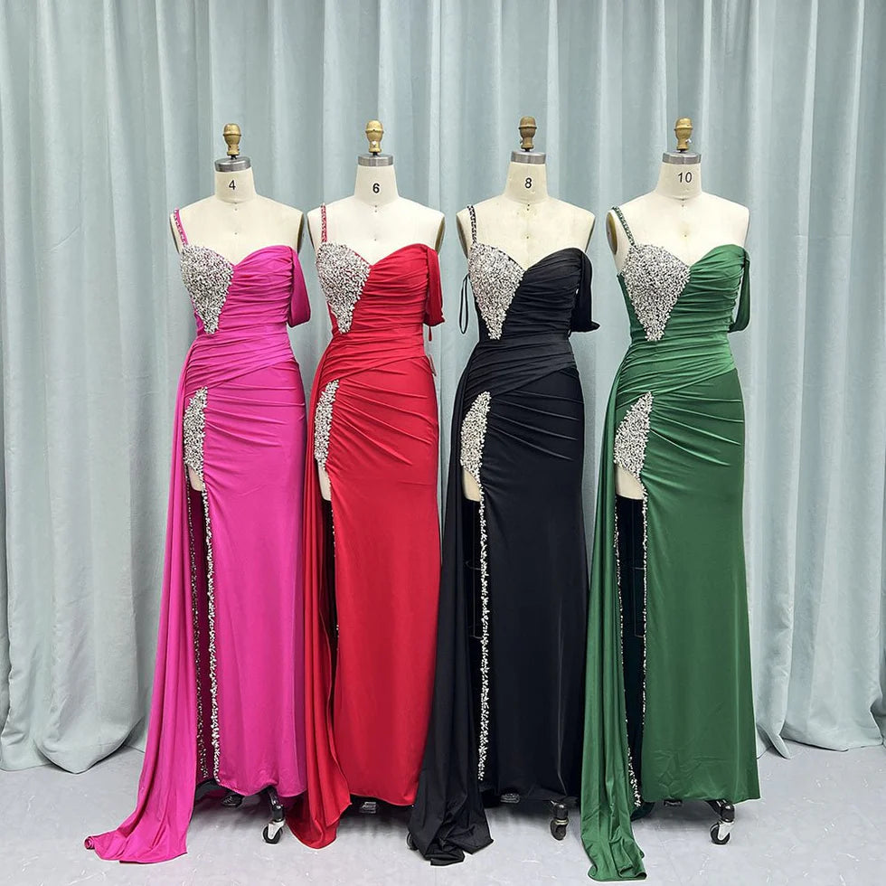 Chic Sheath Asymmetrical Neck Beaded Satin Fuchsia Long Evening Dress