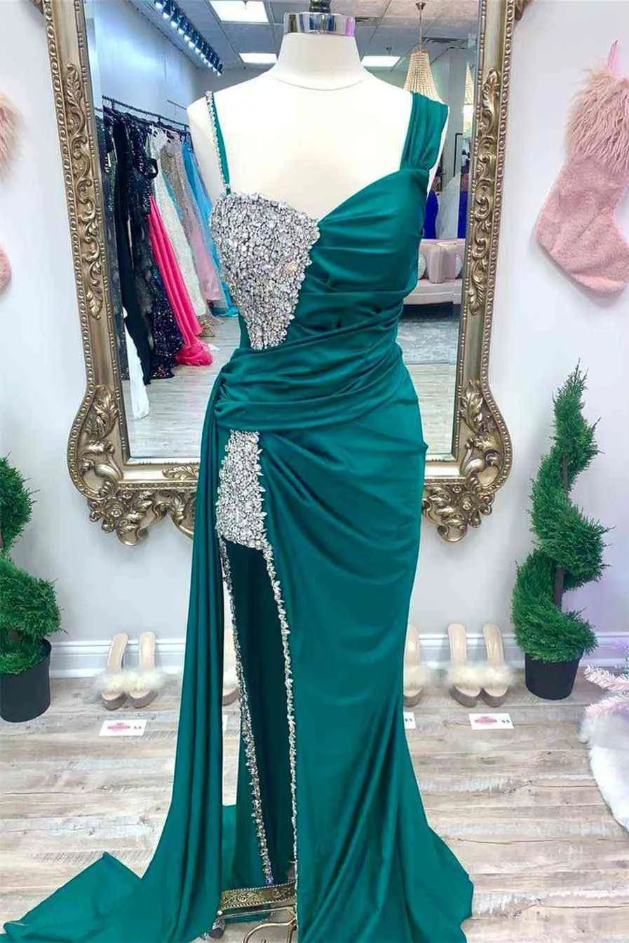 Chic Sheath Asymmetrical Neck Beaded Satin Fuchsia Long Evening Dress