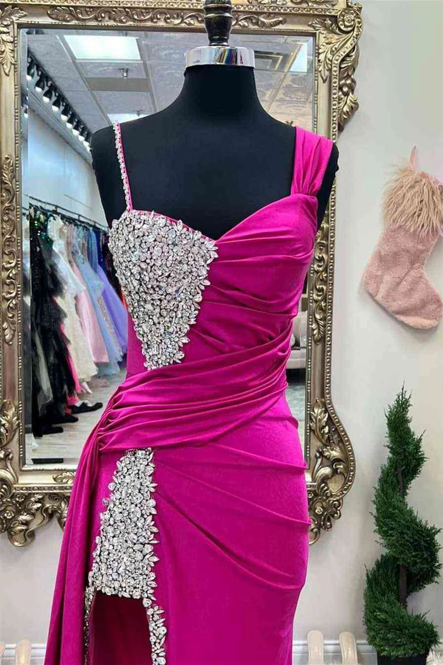 Chic Sheath Asymmetrical Neck Beaded Satin Fuchsia Long Evening Dress