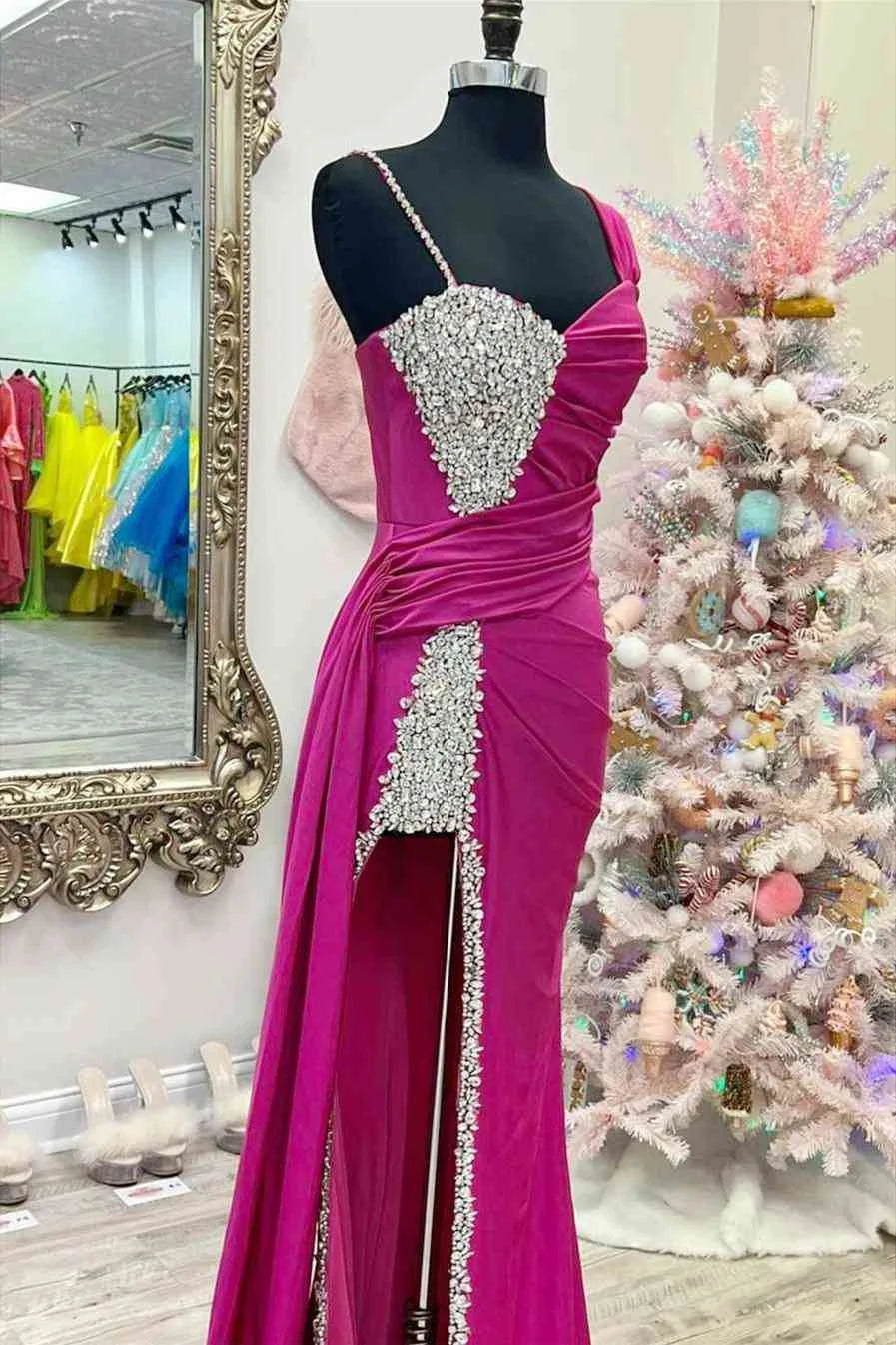 Chic Sheath Asymmetrical Neck Beaded Satin Fuchsia Long Evening Dress
