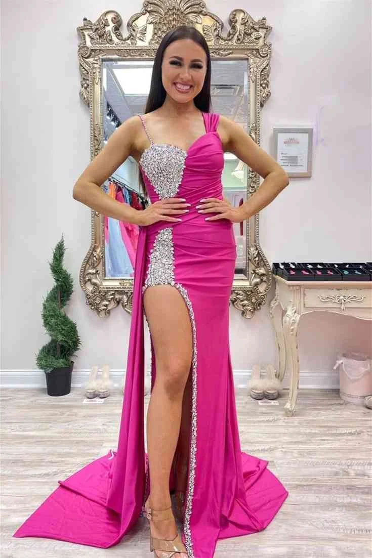 Chic Sheath Asymmetrical Neck Beaded Satin Fuchsia Long Evening Dress