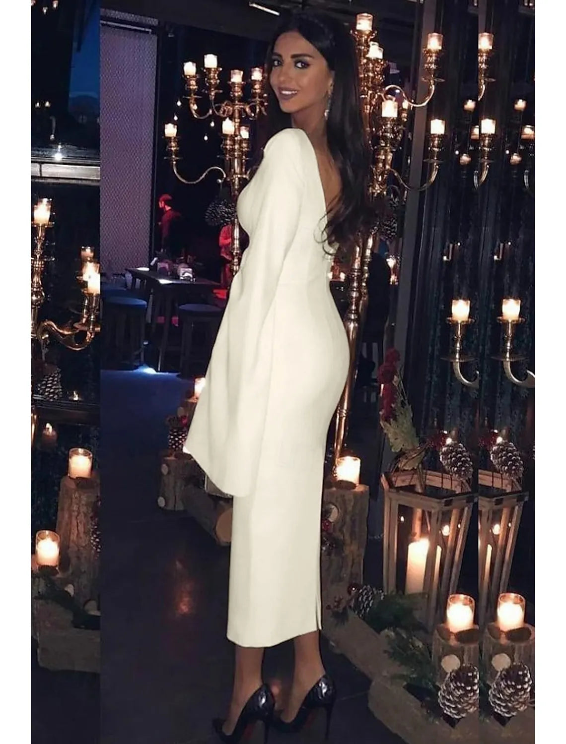 Chic Sheath Bateau-Neck Cape Sleeve Cutout Back Ivory Midi Prom Dress For Women Ready To Ship