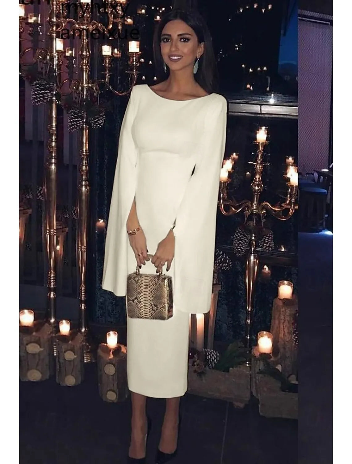 Chic Sheath Bateau-Neck Cape Sleeve Cutout Back Ivory Midi Prom Dress For Women Ready To Ship
