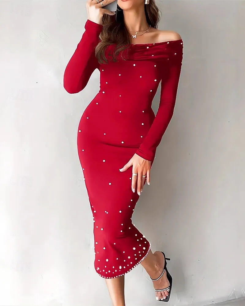 Chic Sheath Off-the-shoulder Long-sleeve Pearl-embellished Black Midi Evening Dress for Women Hot Sale