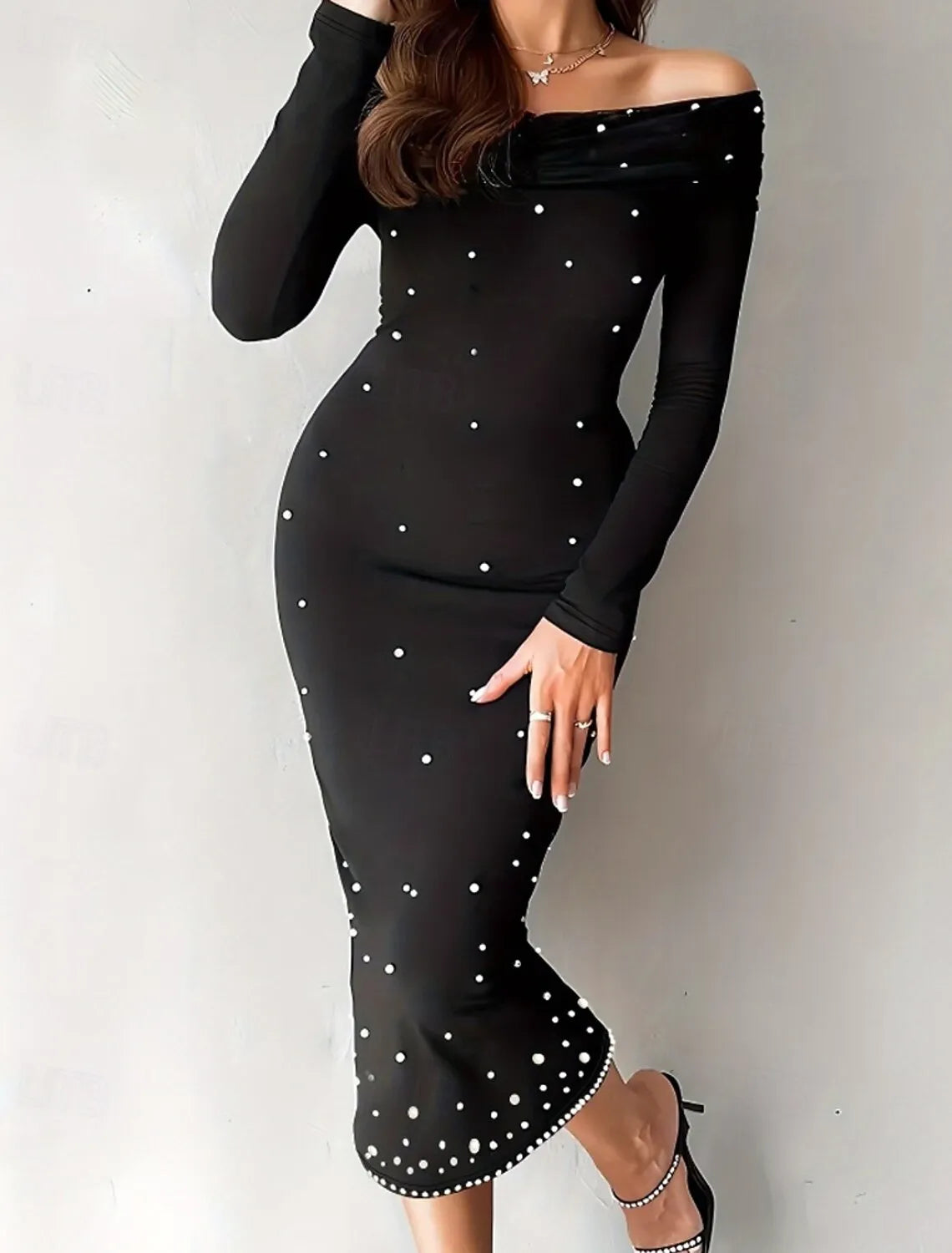 Chic Sheath Off-the-shoulder Long-sleeve Pearl-embellished Black Midi Evening Dress for Women Hot Sale