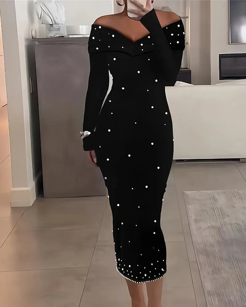 Chic Sheath Off-the-shoulder Long-sleeve Pearl-embellished Black Midi Evening Dress for Women Hot Sale