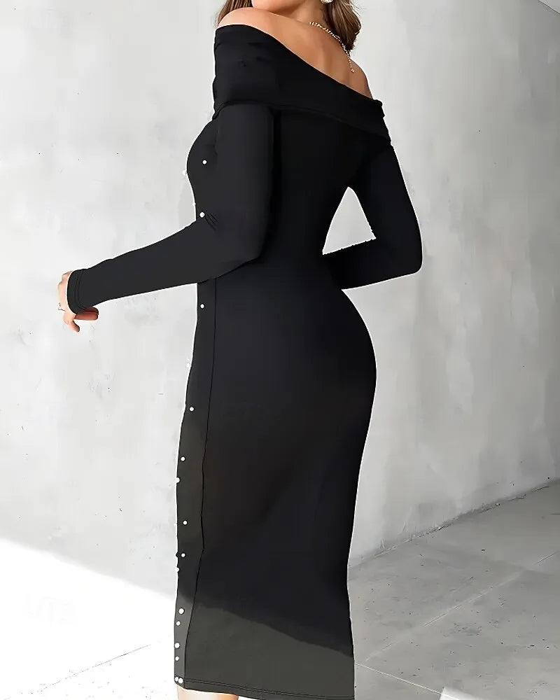 Chic Sheath Off-the-shoulder Long-sleeve Pearl-embellished Black Midi Evening Dress for Women Hot Sale