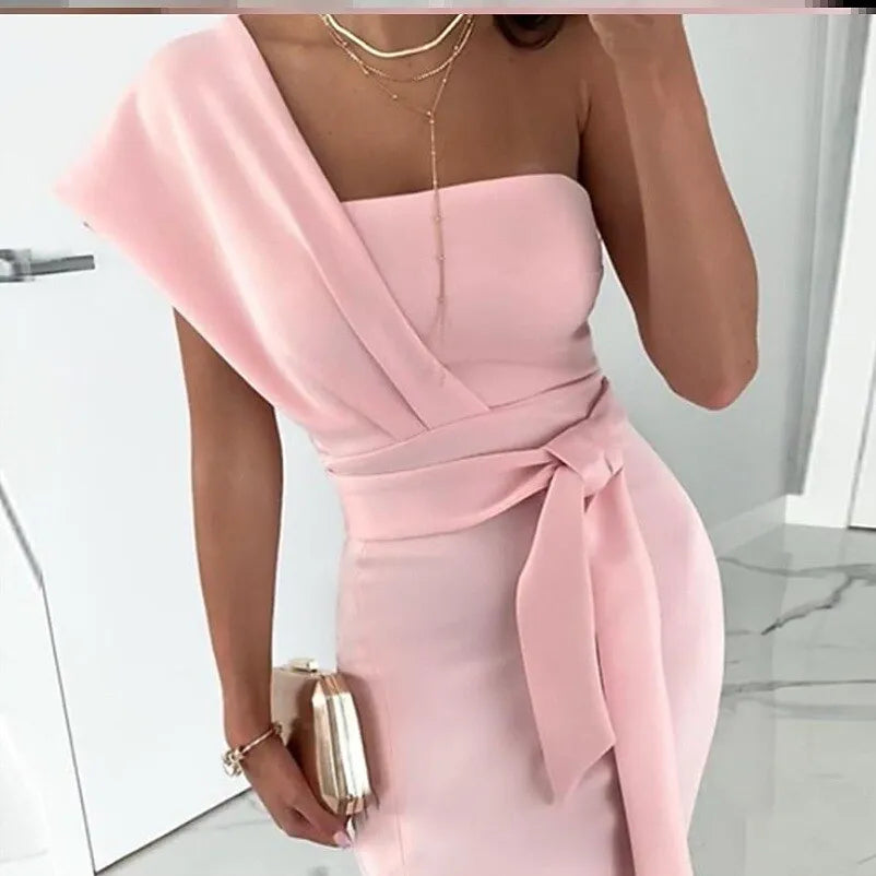 Chic Sheath One-Shoulder Asymmetric Sleeve Belted Blush Pink Midi Evening Dress For Women Ready To Ship