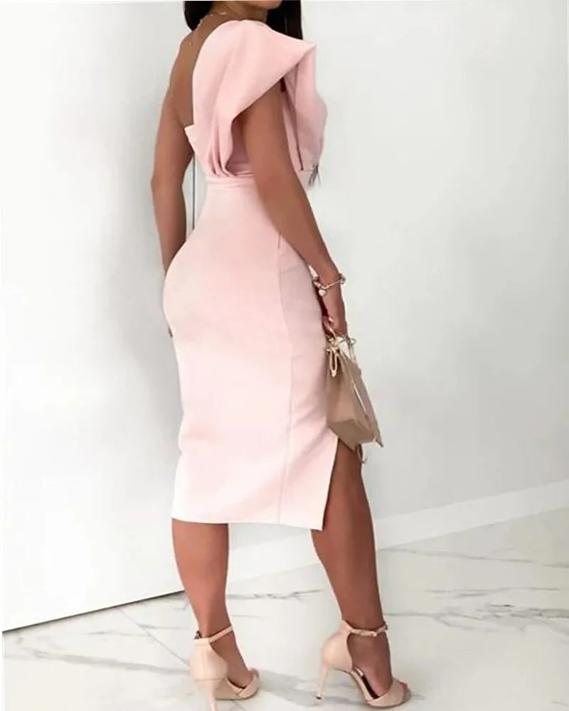 Chic Sheath One-Shoulder Asymmetric Sleeve Belted Blush Pink Midi Evening Dress For Women Ready To Ship