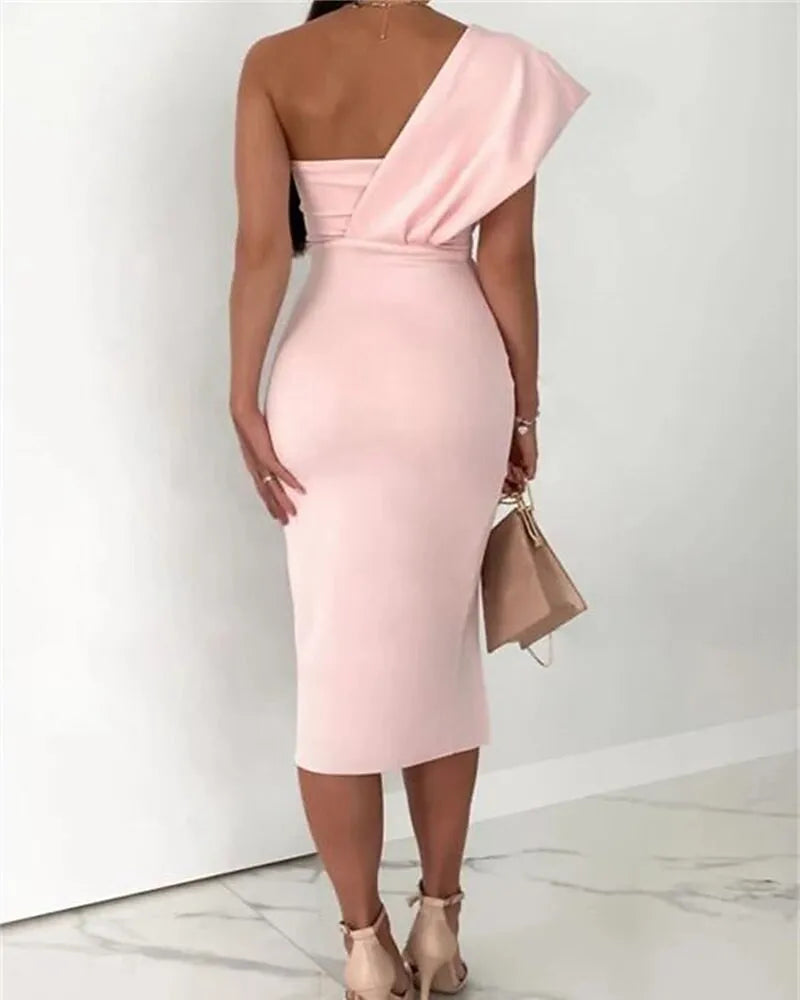 Chic Sheath One-Shoulder Asymmetric Sleeve Belted Blush Pink Midi Evening Dress For Women Ready To Ship