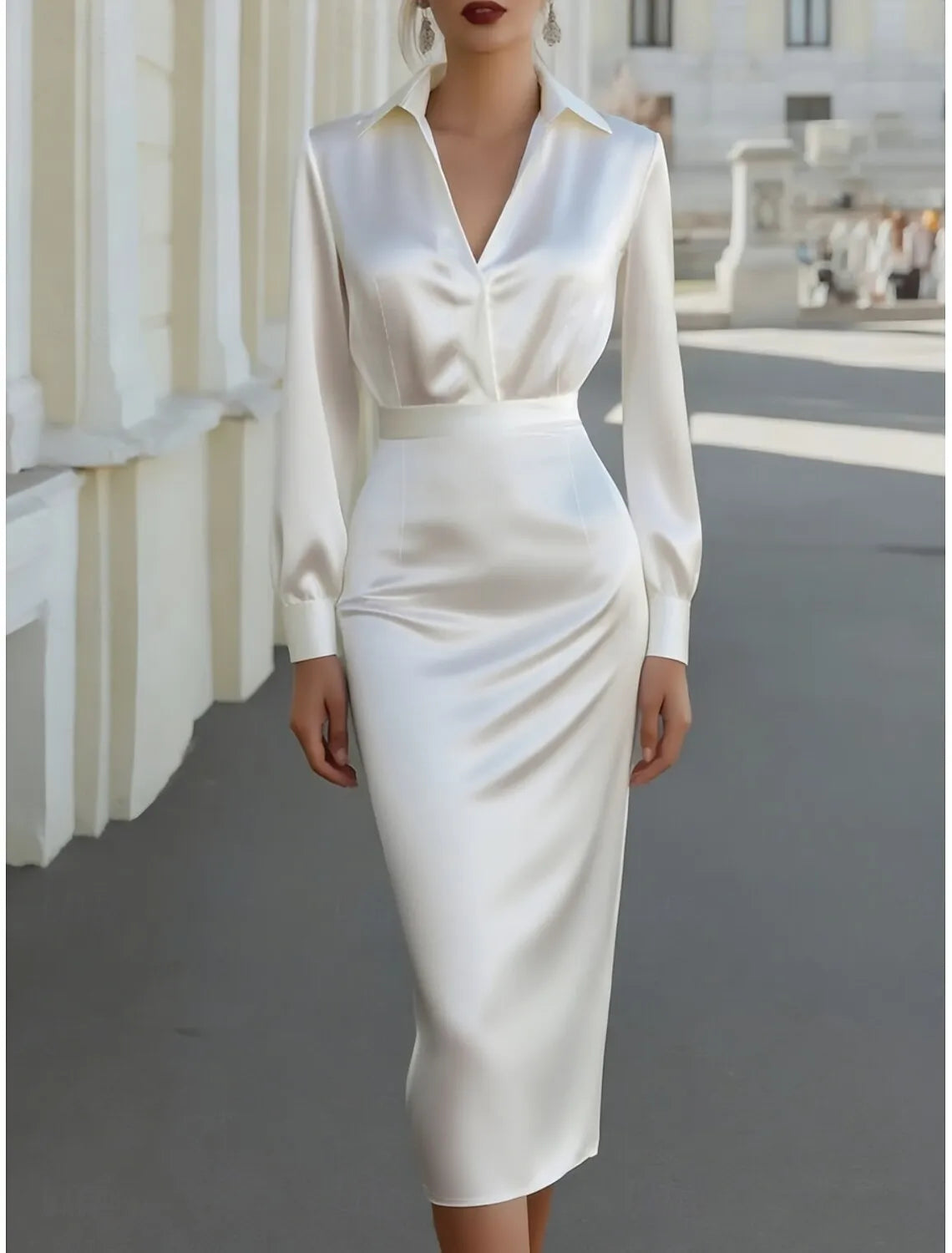 Chic Sheath Shirt Neck Long Sleeve Satin Ivory Midi Prom Dress for Women Ready to Ship