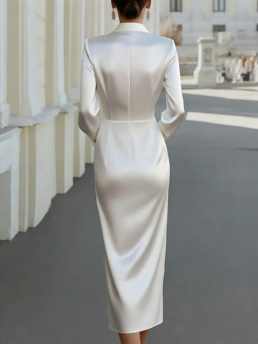 Chic Sheath Shirt Neck Long Sleeve Satin Ivory Midi Prom Dress for Women Ready to Ship