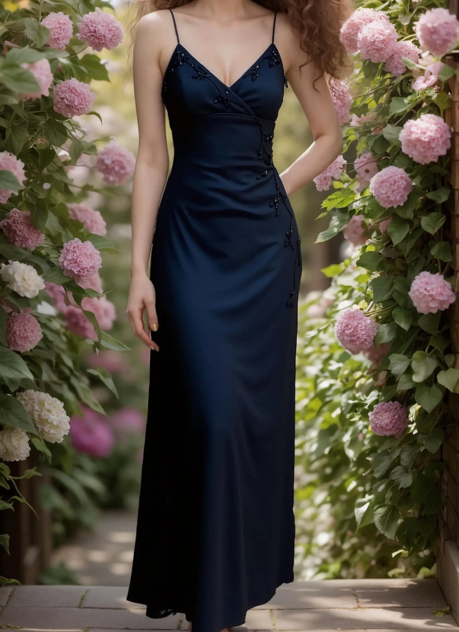 Elegant Mermaid V-Neck Spaghetti Strap Beaded Ruched Navy Blue Floor-Length Prom Dress