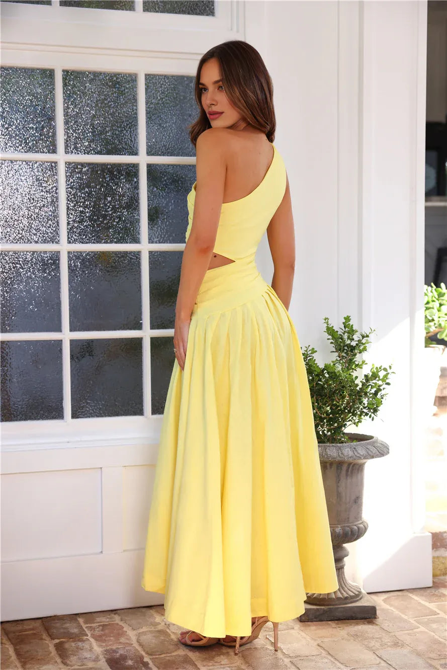 Chic Simple A-line One-Shoulder Cutout Waist Yellow High Low Prom Dress