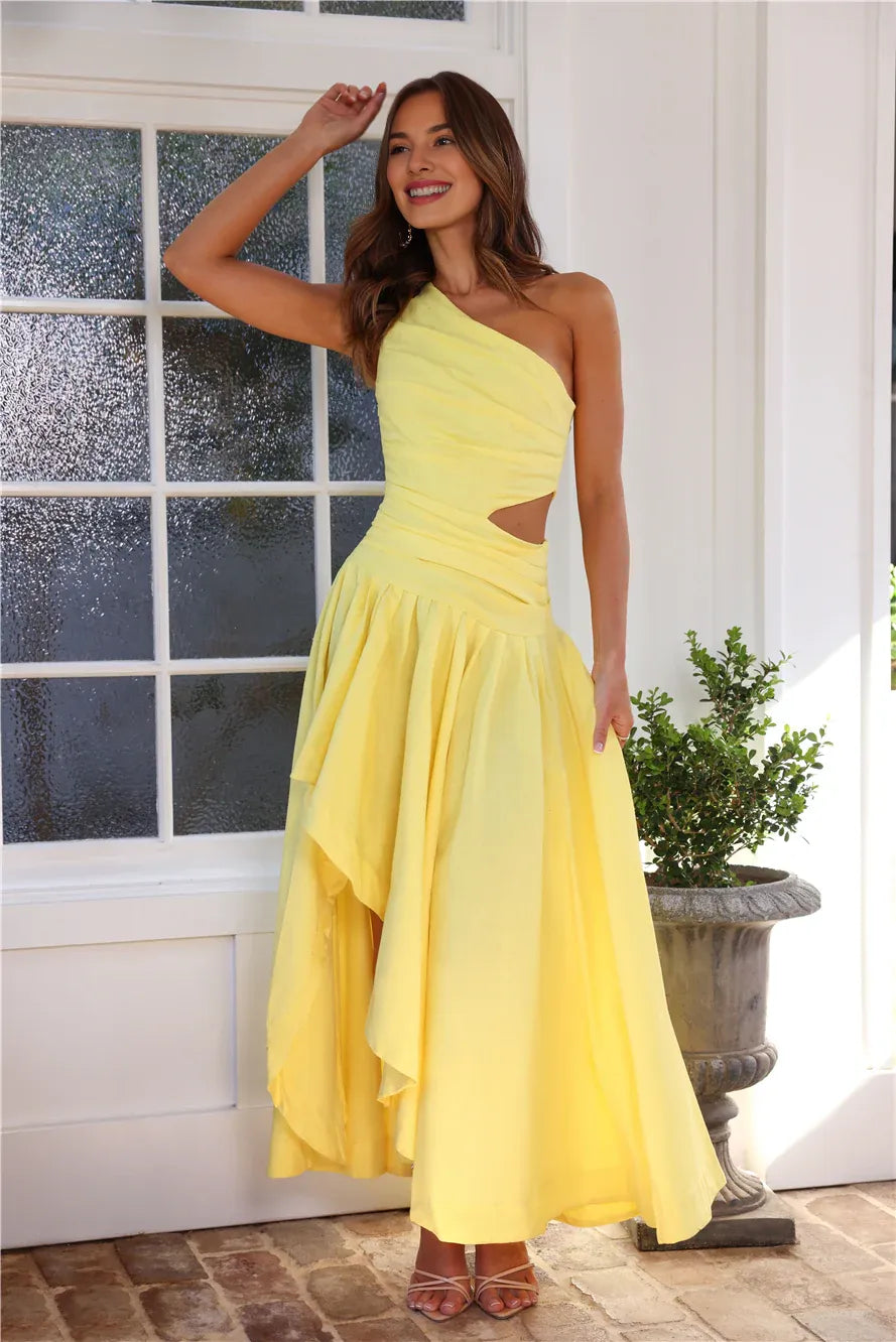 Chic Simple A-line One-Shoulder Cutout Waist Yellow High Low Prom Dress
